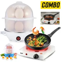 GENERICO - Kit Cocina Eléctrica de 1 Hornilla Portatil + Hervidor para 14 Huevos Organizador