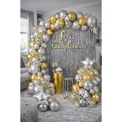 GENERICO - KIT PREMIUM - Decoracion para fiesta Dorado con Plateado 74PC