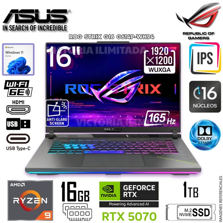 Laptop Gamer ROG STRIX G16 Ryzen 9-8940HX 16GB RAM 1TB SSD RTX5070-8GB 16FHD+ 165HZ G614P-WH94