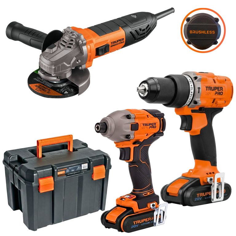 COMBO TALADRO PERCUTOR ATORNILLADOR DE IMPACTO 220Nm BRUSHLES 20V Y AMOLADORA ERGO PRO