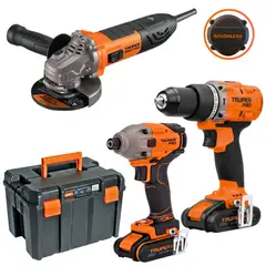 TRUPER - COMBO TALADRO PERCUTOR ATORNILLADOR DE IMPACTO 220Nm BRUSHLES 20V Y AMOLADORA ERGO PRO