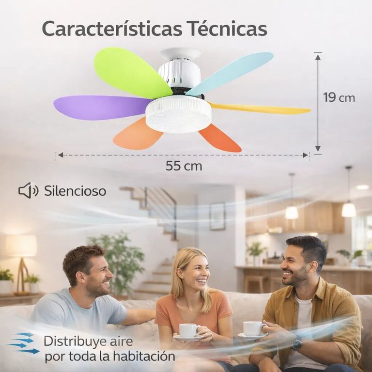 Foco Led CON Ventilador Techo 6 Aspas a color 40W