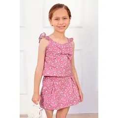 KIDS MASHMELO - Set de Falda short y blusa con lazo en pecho y volantes en los tirantes para niñas