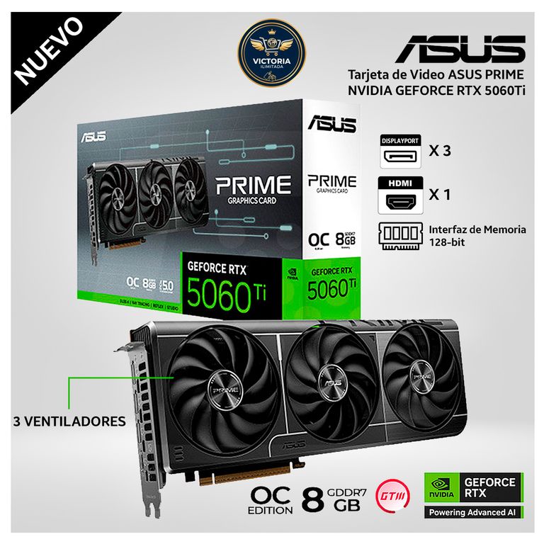 Tarjeta de Video PRIME NVIDIA GEFORCE RTX 5060Ti 8GB GDDR7 OC EDITION - 3 VENTILADORES