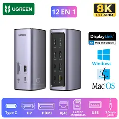 UGREEN - Adaptador Hub 12 en 1 Type C HDMI 8K DP Ethernet Aux 3,5mm Lector Memoria Station Pro