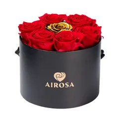 AIROSA - Rosa Eterna - Box Cilíndrico 7 Rosas (Rojo con Centro Dorado) + Tarjeta Premium