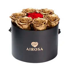 AIROSA - Rosa Eterna - Box Cilíndrico 7 Rosas (Dorado con Centro Rojo) + Tarjeta Premium