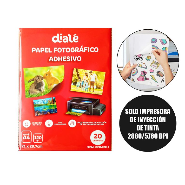 Papel Fotográfico Adhesivo de 120 gramos para Impresora Inkjet - 20 Hojas A4