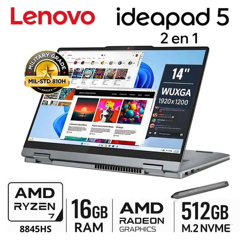 Laptop Ideapad 5 2 en 1 14AHP9 AMD Ryzen 7 8845HS 16GB RAM 512GB SSD 14" WUXGA (83DR007QLM)