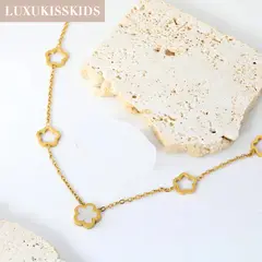 GENIEKA - SET COLLAR Y PULSERA TRÉBOL NÁCAR BLANCO SUERTE CADENA DORADA SAN VALENTIN