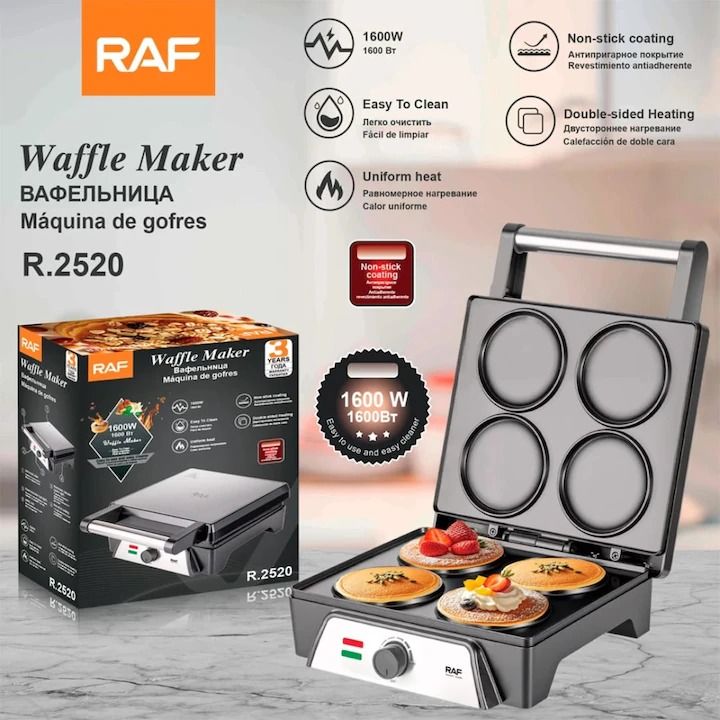 Wafflera Eléctrica RAF 1600W para 4 Waffles - Placas Antiadherentes