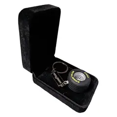 GENERICO - Llavero Racing - Llanta Goodyear de Caucho y Aro Metal + Caja elegante
