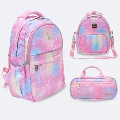 KENGAR - Kit Escolar - Mochila Oficio Lonchera y Cartuchera Rosado Minicorazón