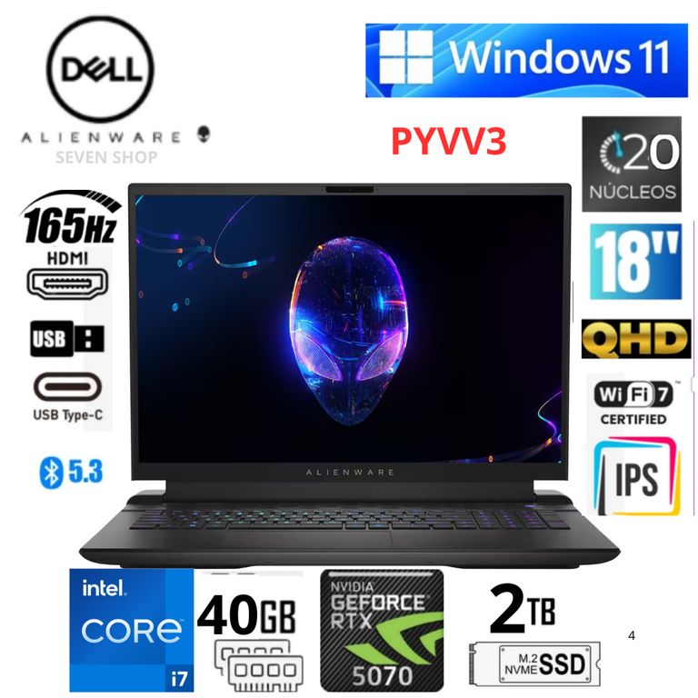 Laptop Gamer Alienware 18" QHD+ 165Hz Intel Core i7-14700HX 40GB RAM 2TB SSD RTX 4070 8GB