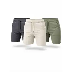 ENKI - Pack x3 Bermudas Hombre Drill Stone Urbanas Stretch Gris Oscuro Crema Verde Arena