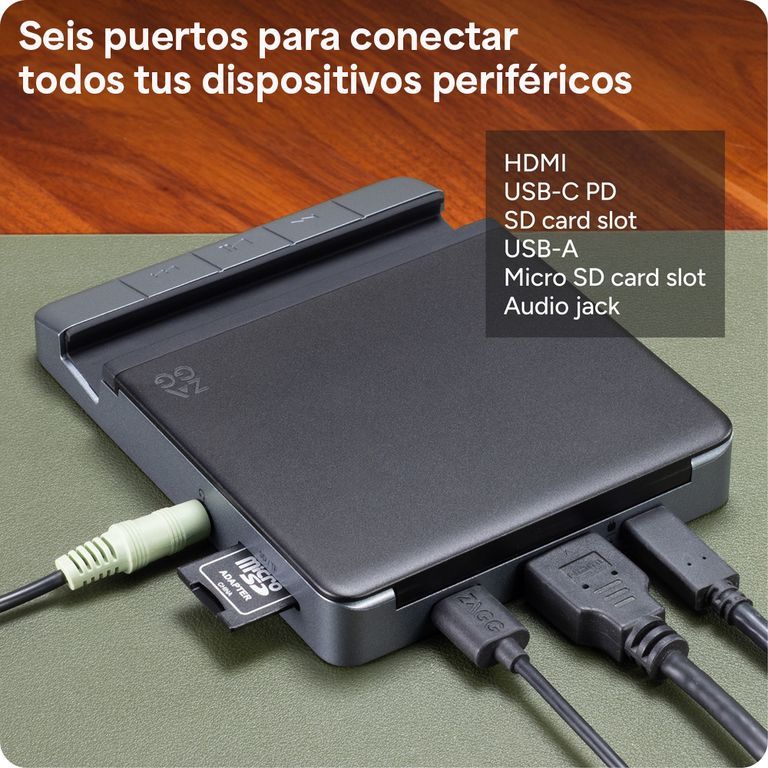 Hub adaptador 6 puertos: HDMI, USB-C PD, USB-A, tarjetas SD/micro, audio jack