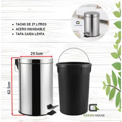 GREEN HOUSE - TACHOS ACERO INOXIDABLE 27L. CON TAPA CAIDA LENTA P/ BASURA