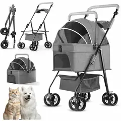 GENERICO - Coche 3 EN 1 para Mascotas Desmontable y Plegable – Transporte Seguro y Cómodo - GRIS