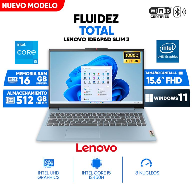Laptop IdeaPad Slim 3, Core i5-12450H, 16GB LPDDR5, 512 GB SSD M.2, 15.6 FULL HD IPS