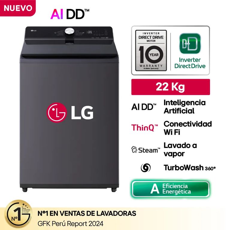 Lavadora 22Kg AI DD Carga Superior Negro Plateado WT22EGTXS