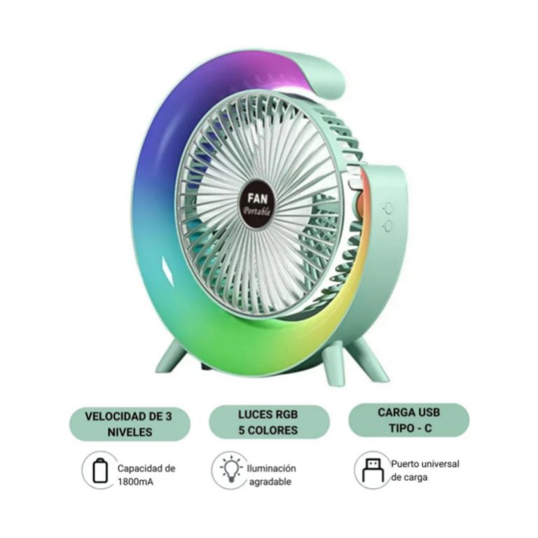 Ventilador con Lámpara Portátil Silencioso con Luces en forma de G - Ideal para Oficina y Dormitorio