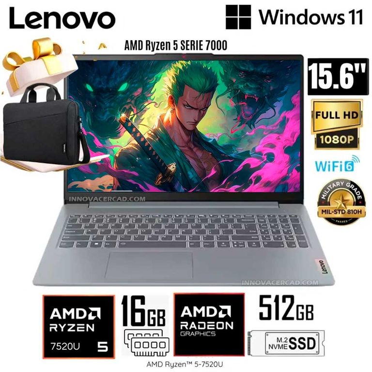 Laptop IdeaPad Slim 3 AMD Ryzen 5 7520U 16GB RAM 512GB SSD 15.6" FHD + Maletín