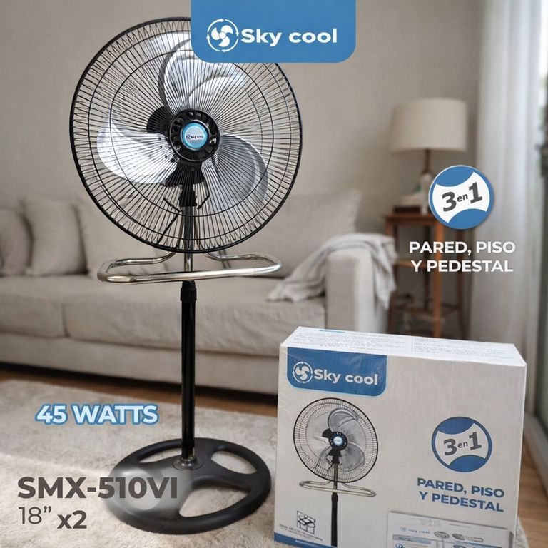 Ventilador 3 en 1 Sky Cool SMX-510VI 18” – Pared, Piso y Pedestal - 45W - 3 Velocidades