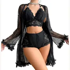 GENERICO - CONJUNTO PIJAMA 3 PIEZAS MUJER LENCERÍA DE ENCAJE ROPA DE DORMIR SEXY