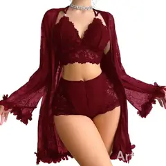 GENERICO - CONJUNTO PIJAMA 3 PIEZAS MUJER LENCERÍA DE ENCAJE ROPA DE DORMIR SEXY