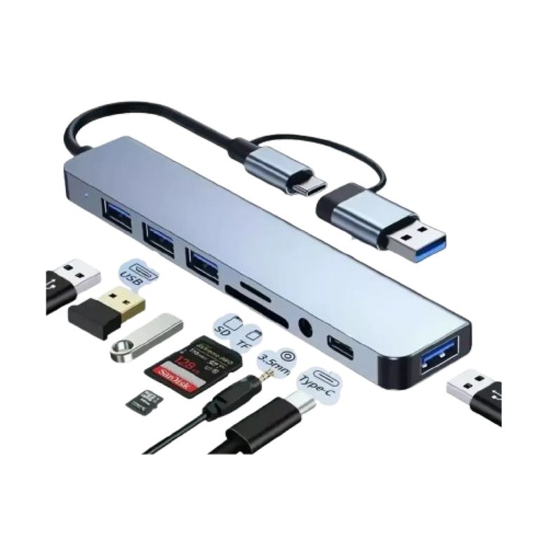 HUB 8-EN-1 DE ACERO - DOBLE CONECTOR TYPE-C & USB-A - LECTOR SD/TF Y USB 3.0