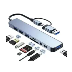 GENERICO - HUB 8-EN-1 DE ACERO - DOBLE CONECTOR TYPE-C & USB-A - LECTOR SD/TF Y USB 3.0