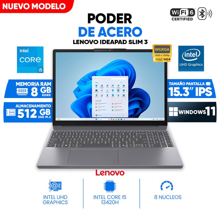 Notebook IdeaPad Slim 3, Intel Core i5 13420H, 8GB DDR5, 512GB SSD, 15.3 WUXGA IPS
