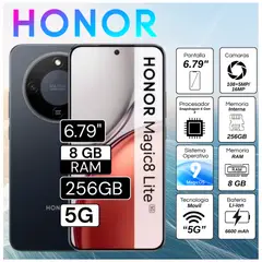 HONOR - Celular Magic 8 Lite 5G 8GB RAM 256GB 6.79" Pulg. MagicOS 9.0 - Negro