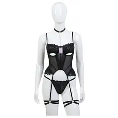 GENERICO - CORSET LENCERIA DE ENCAJE PORTALIGAS NEGRO