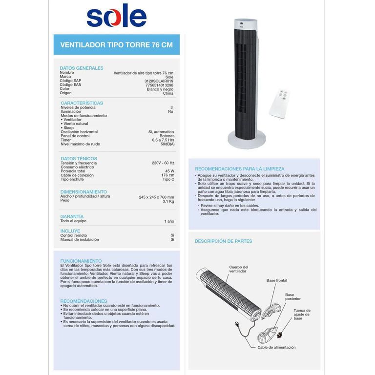 Ventilador de Aire Tipo Torre SOLAIR019