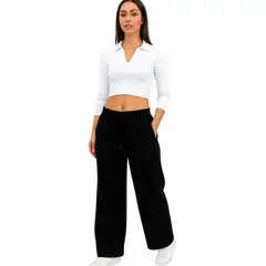 ENKI - Pantalón Jogger Wide Leg Mujer Franela Negro Cintura Elástica Urbano