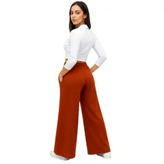 ENKI - Pantalón Palazzo Mujer Franela Lacre Ladrillo Cintura Elástica Tiro Alto Urbano Casual