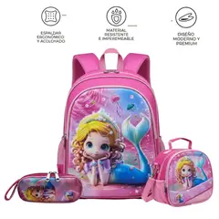 GENERICO - MOCHILA ESCOLAR 3 EN 1 MULTIPACK PARA NIÑOS SIRENA CON LUCES