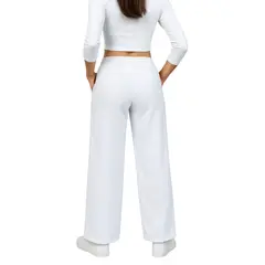 ENKI - Pantalón Palazzo Mujer Franela Perla Cintura Elástica Estilo Urbano