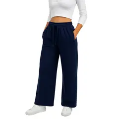 ENKI - Pantalón Palazzo Mujer Franela Azul Marino Cintura Elástica Estilo Urbano