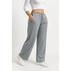 ENKI - Pantalón Palazzo Mujer Franela Gris Melange Cintura Elástica Estilo Urbano