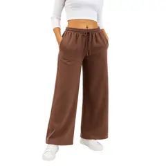 ENKI - Pantalón Palazzo Mujer Franela Chocolate Cintura Elástica Estilo Urbano