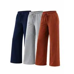 ENKI - Pack x3 Pantalón Palazzo Mujer Franela Wide Leg Tiro Medio Azul Marino Gris Melange Lacre