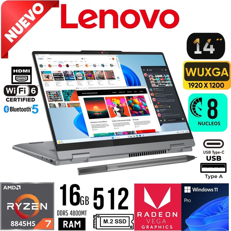 Laptop IdeaPad 5 2 in 1 14AHP9 Ryzen 7 8845HS Ram 16Gb SSD 512Gb 14" WUXGA Touch Windows 11