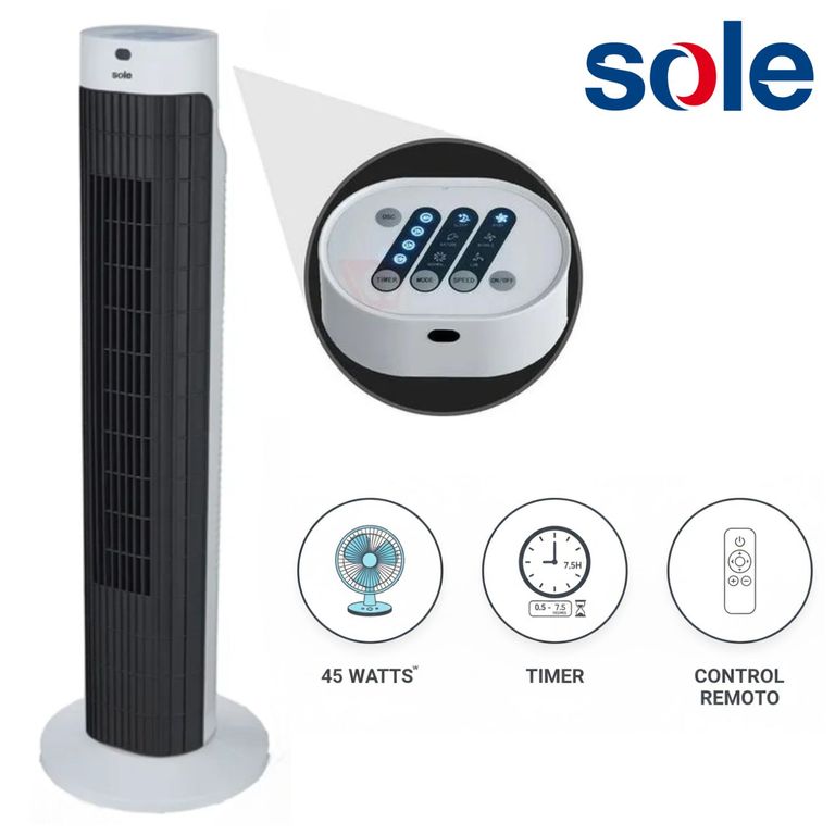 Ventilador Torre Timer SOLAIR019 76cm con Control Remoto