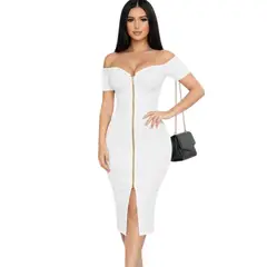 GENERICO - Vestido Cierre Manga Corta Rib Grueso Tic201-20 Color Perla