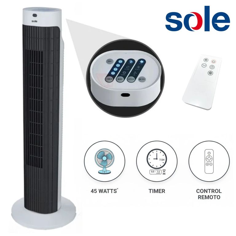 Ventilador Torre SOLAIR019 76cm con Control Remoto Timer y Modos