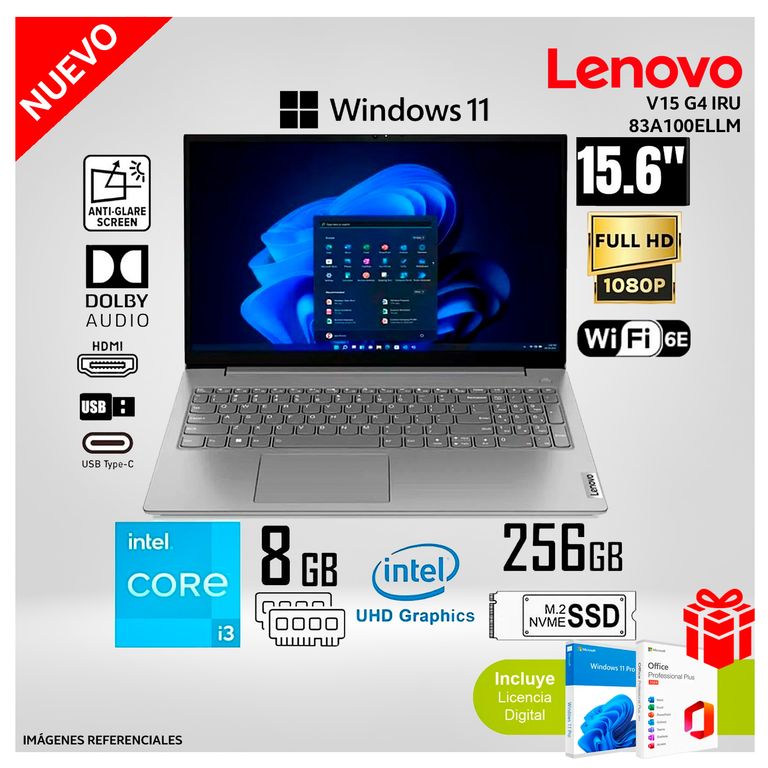 Laptop V15 G4 IRU Intel Core i3-1315U 8GB RAM 256GB SSD 15,6 pulg FHD - 83A100ELLM+LICENCIAS