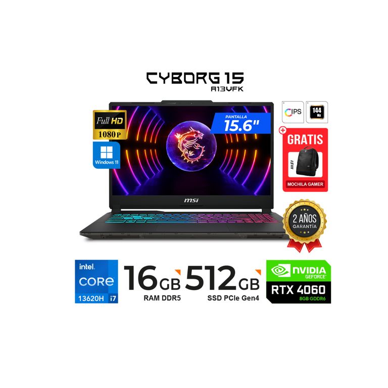 Laptop Gaming Cyborg 15 A13VFK 15.6 Intel i7-13620H 16GB 512GB 8GB W11Home + MOCHILA GAMER