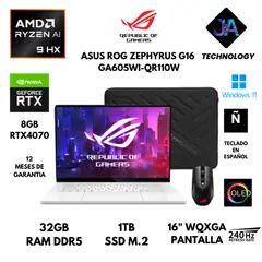 ASUS - LAPTOP ROG ZEPHYRUS G16 AMD RYZEN AI 9 HX 370 32GB 1TB SSD 8GB RTX4070 16" OLED WIN 11 LATINA